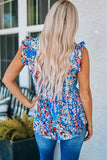 Blue Floral Print Tank Top with Ruffles