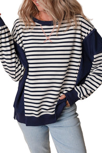 Stripe Color Block Exposed Seam Loose Fit Sweatshirt