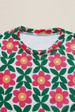 Fiery Red Retro Floral Print Crew Neck T Shirt