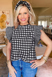 Rose Red Checkered Ruffled Sleeve Frilled Neck Blouse