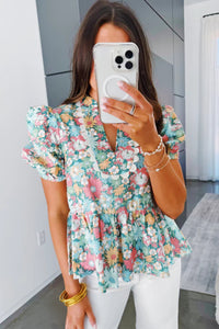 Notched Neck Puff Short Sleeve Floral Blouse