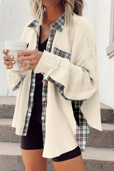 Plaid Patchwork Waffle Thermal Knit Shacket