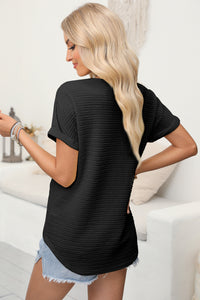 Textured Wide Sleeve V Neck T Shirt