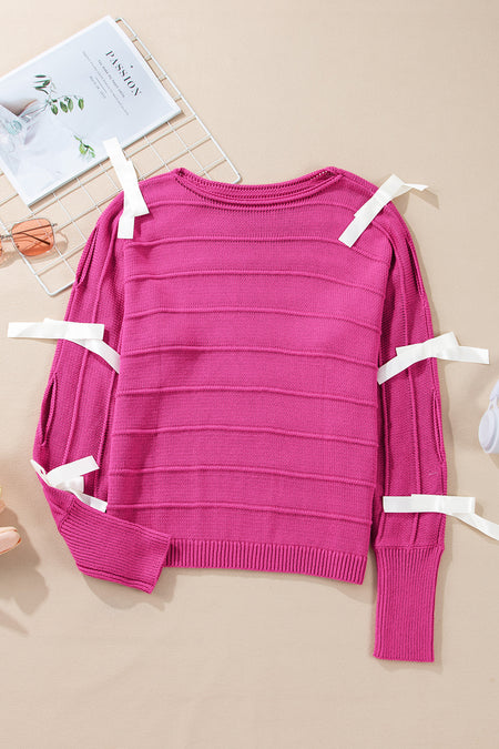 Bow Knot Cut Out Round Neck Loose Sweater