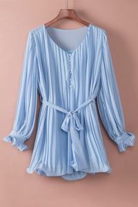 Pleated Ruffled Tie Waist Buttons V Neck Romper