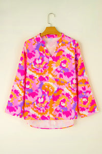 Pink Abstract Print Tab Sleeve Notched Neck Blouse