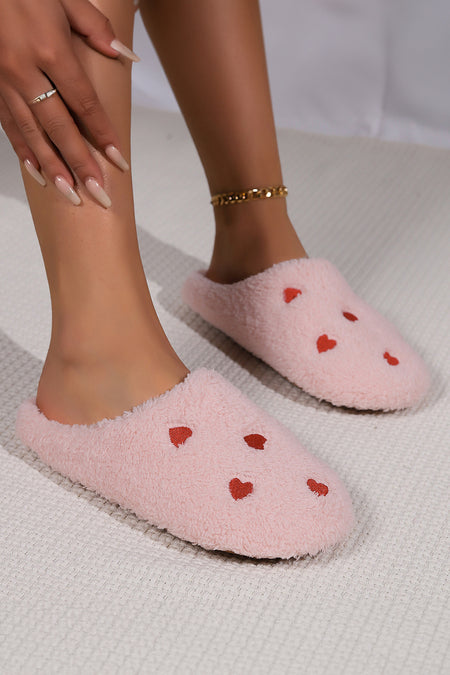 Heart Shape Embroidered Slip On Plush Slippers