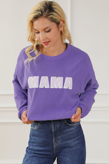 Purple MAMA Ribbed Crew Neck Pullover Sweatshirt
