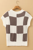 Checkered Color Block Crew Neck Short Sleeve Sweater