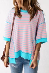 Oversized Contrast Trim Exposed Seam High Low T Shirt