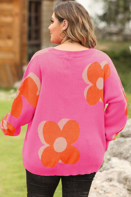 Big Flower Pattern Drop Shoulder Sweater