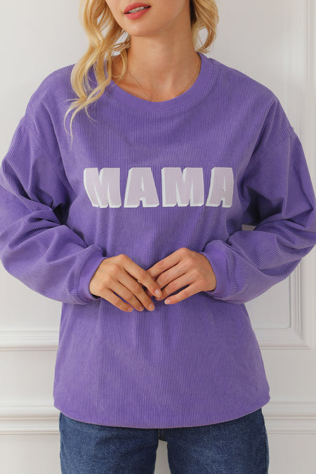 Purple MAMA Ribbed Crew Neck Pullover Sweatshirt