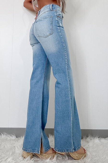 High Rise Shift Slit Leg Straight Jeans