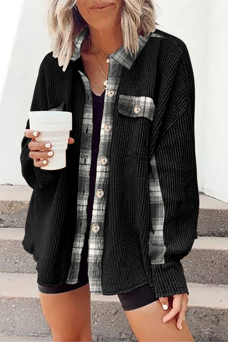 Plaid Patchwork Waffle Thermal Knit Shacket