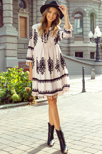 Western Pattern Print Tasseled Notch V Neck Mini Dress