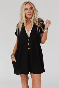 Black V Neck Buttons Loose Cuffed Short Sleeve Romper