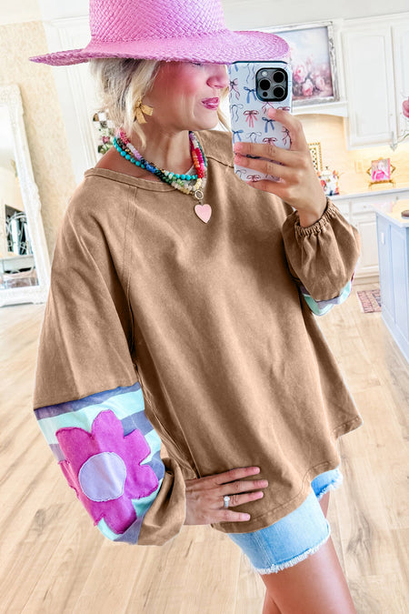 Flower Patchwork Raglan Sleeve Exposed Seam Oversized Top