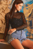 Rhinestone Sheer Mesh Slim Fit Long Sleeve Top