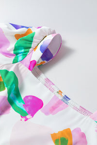 Abstract Print Puff Sleeve Smocked Back Midi Dress