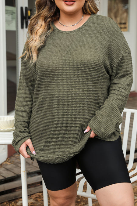 Khaki Waffle Knit High Slits Oversized Top