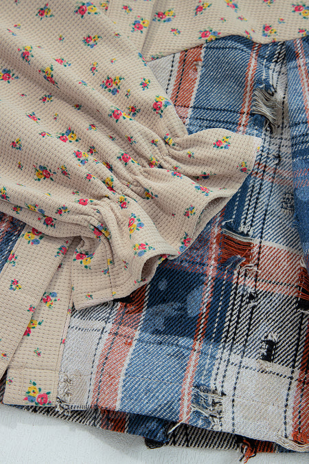Floral Plaid Patchwork Waffle Knit Shacket