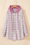 Plaid Print Drawstring Hooded Button-up Plus Size Shirt