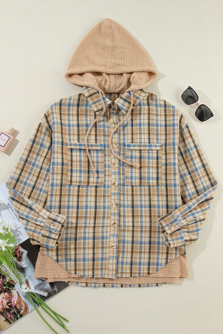 Waffle Knit Patchwork Hooded Plaid Shacket