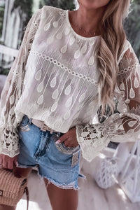 Embroidered Mesh Flounce Sleeve Blouse