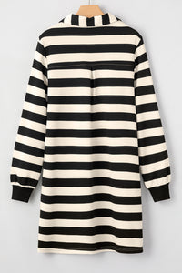 Stripe Collared V Neck Long Sleeve Loose Casual Dress