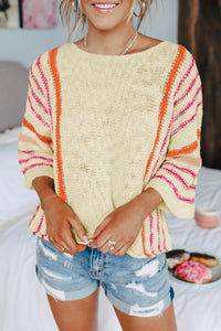 Striped Detail Wide Sleeve Lightweight Knitted Sweater