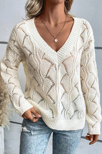 Hollow Out Knit V Neck Drop Shoulder Sweater