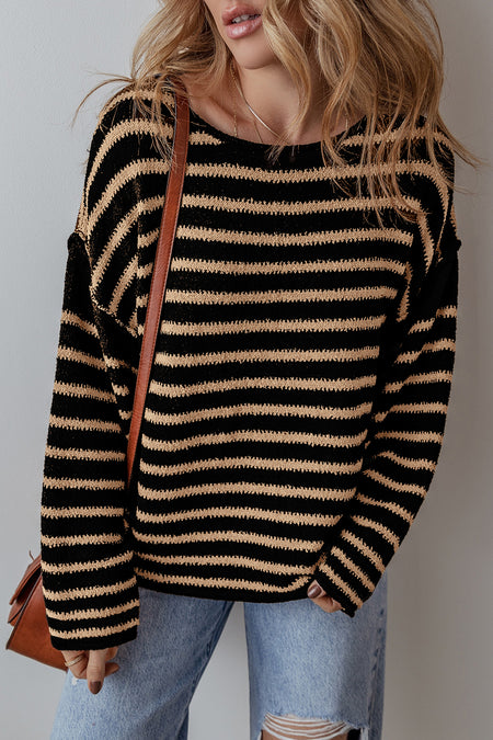 Stripe Drop Shoulder Round Neck Loose Sweater