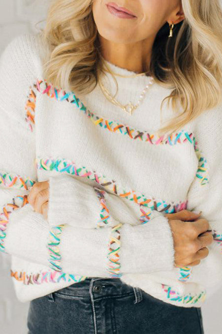 Colorful Crossed Stitch Drop Shoulder Sweater