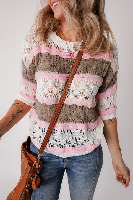 Color Block Crochet Half Sleeve Sweater