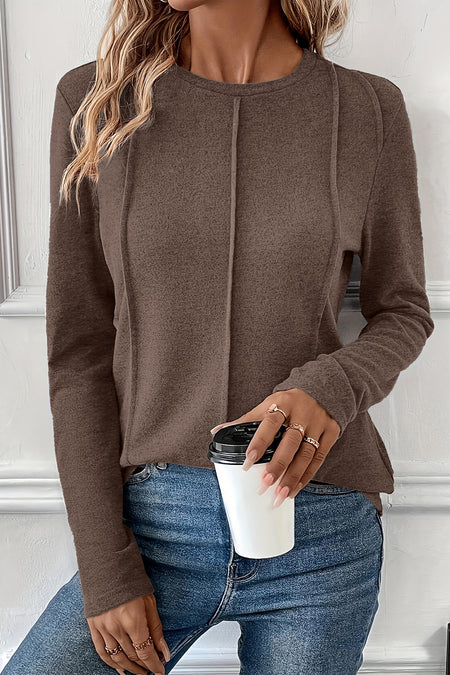 Solid Exposed Seam Crew Neck Long Sleeve Top