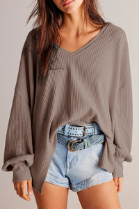 V Neck Long Sleeve Drop Shoulder Loose Blouse