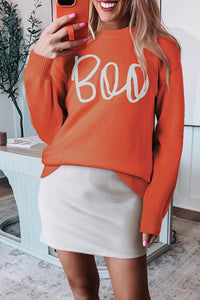 Boo Knitted Pattern Ribbed Edge Drop Shoulder Sweater