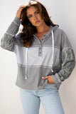 Gray Waffle Printed Patchwork Drawstring Hooded Long Sleeve Top