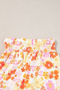 Pink Boho Floral Shirred High Waist Casual Shorts