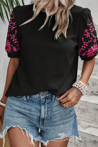 Floral Embroidered Textured Puff Sleeve T Shirt