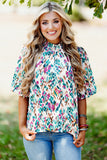 Print Puff Sleeve Mock Neck Blouse