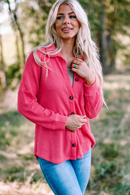 Pink Waffle Knit Button Up Casual Shirt