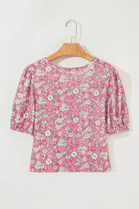 Floral Short Puff Sleeve V Neck Ruched Blouse