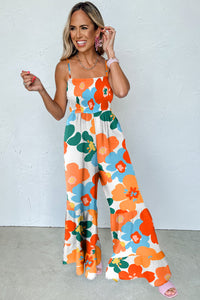 Floral Spaghetti Straps Smocked Wide Leg Jumpsuit