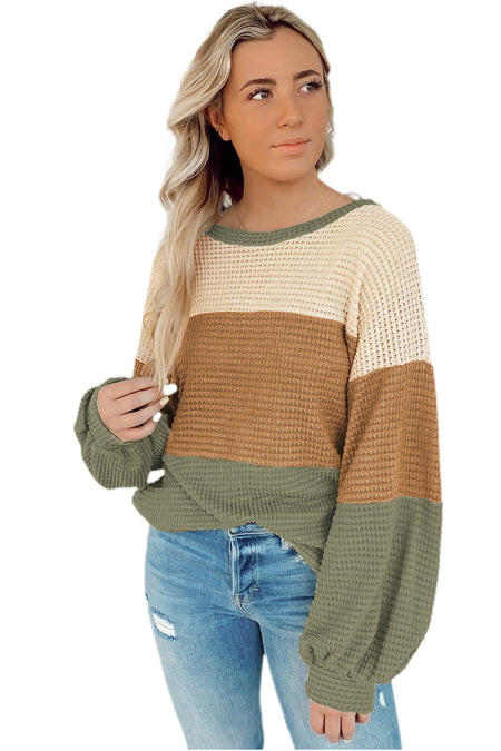 Stripe Textured Color Block Bubble Sleeve Baggy Top