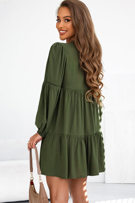 Lace Puff Sleeve Buttoned Tiered Ruffled Mini Dress