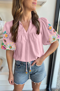 Floral Embroidered Puff Sleeve Split Neck Blouse