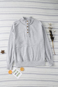 White Ribbed Hem Snap Button Neckline Sweatshirt with Pocket