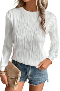 Textured Wavy Round Neck Long Sleeve Top