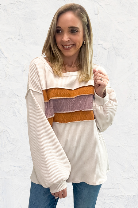 Corded Exposed Seam Knit Patchwork Drop Sleeve Top